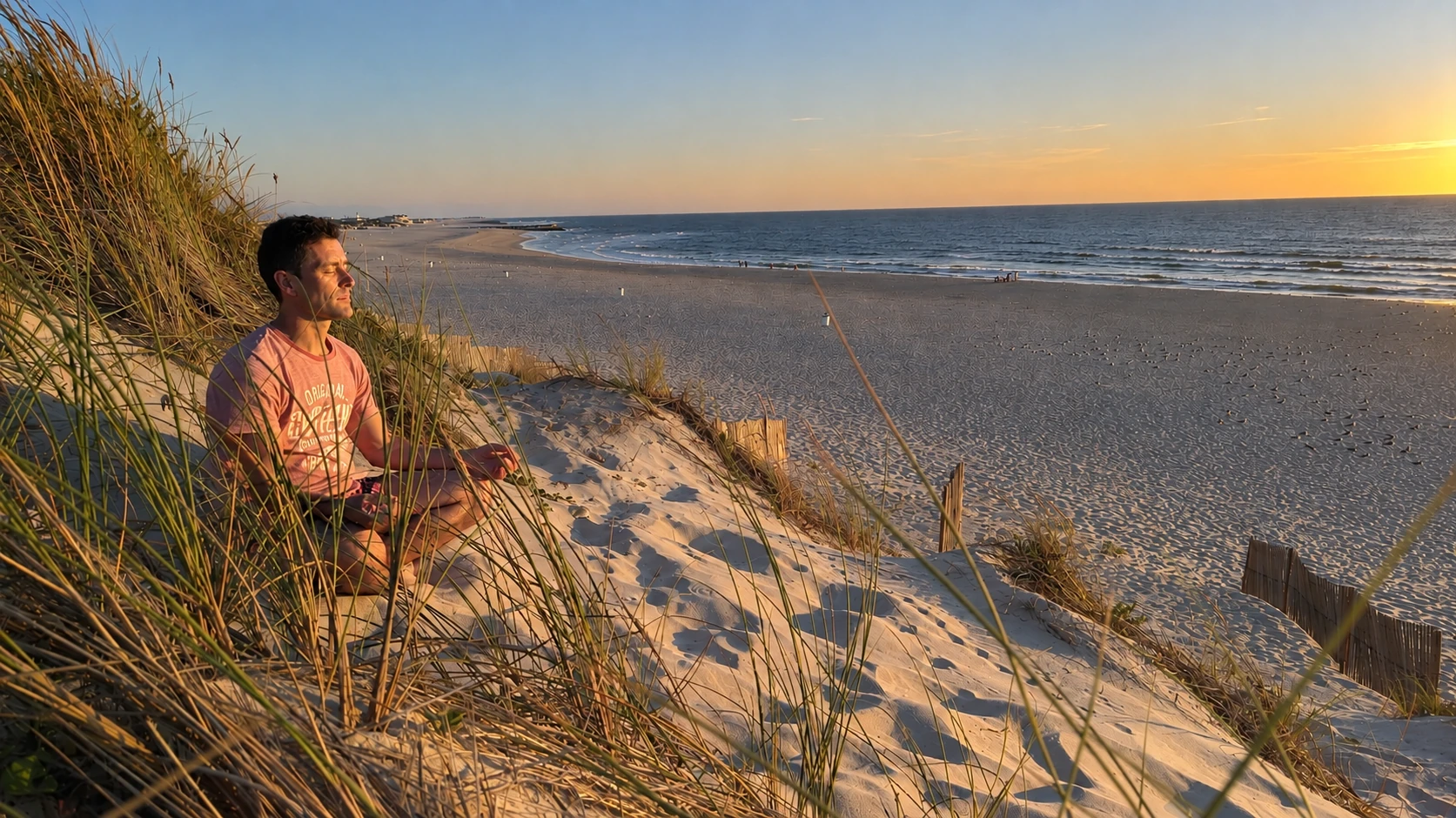 Leonel de Sousa meditando en las dunas, frente al mar, al atardecer